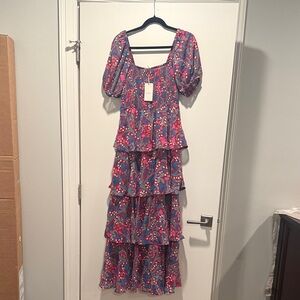 Entro Blue and Pink Floral Puff Sleeve Maxi Dress